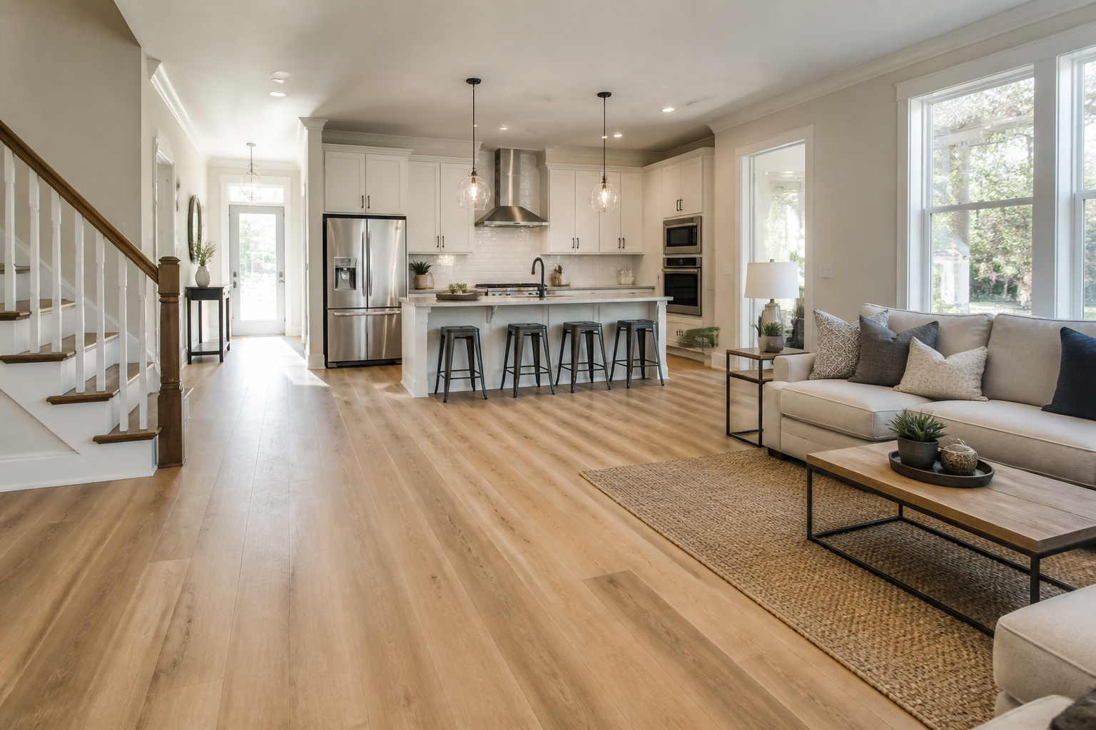 Increase home value flooring—Modern living room with hardwood floors and large windows in a Jacksonville home