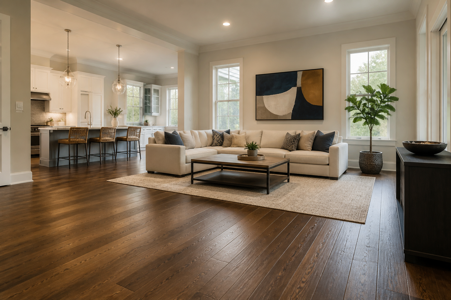 increase home value flooring — Beautiful hardwood flooring in a modern living room showcasing elegance