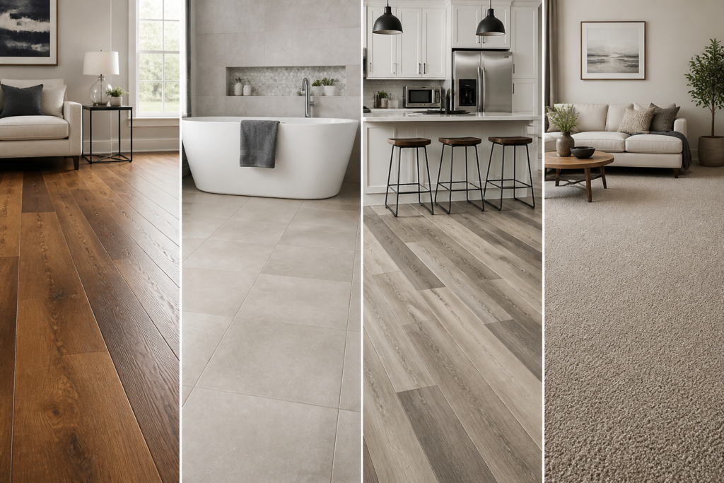 Flooring material comparison—Various flooring samples including hardwood, tile, vinyl, and carpet arranged side by side