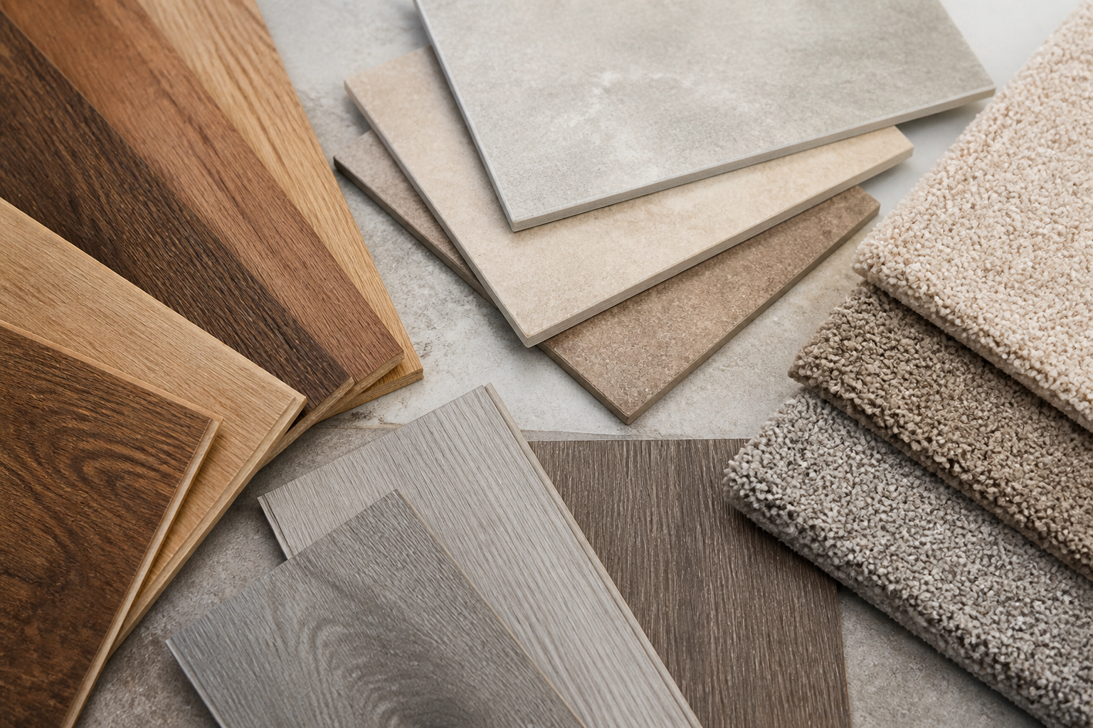 flooring material comparison — an assortment of flooring samples including hardwood, tile, vinyl, and carpet