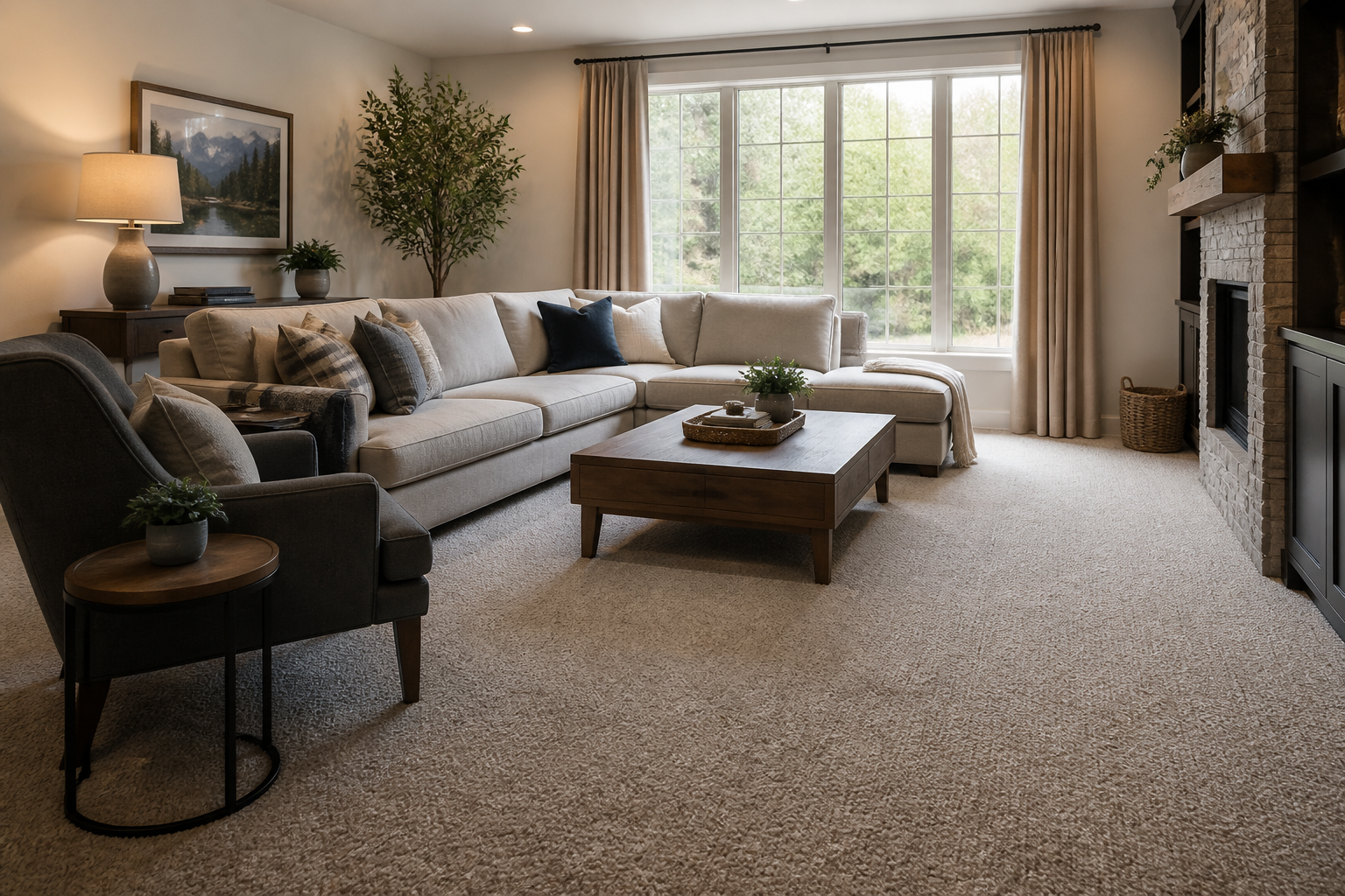 vinyl vs carpet — a cozy living room with carpet flooring and plush furniture