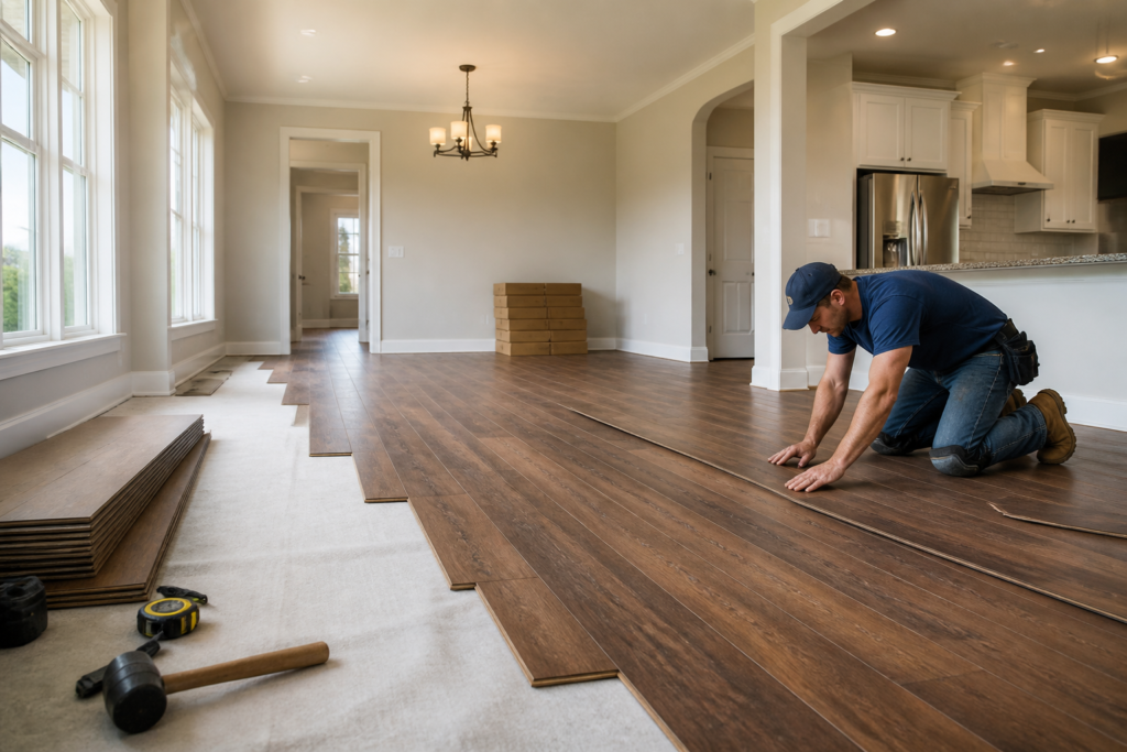 Flooring project preparation Jacksonville—Homeowner measuring living room floor with tape, tools scattered nearby