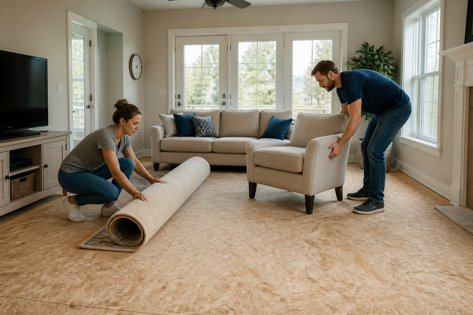 Flooring project preparation Jacksonville — Homeowners preparing a living room for new flooring installation