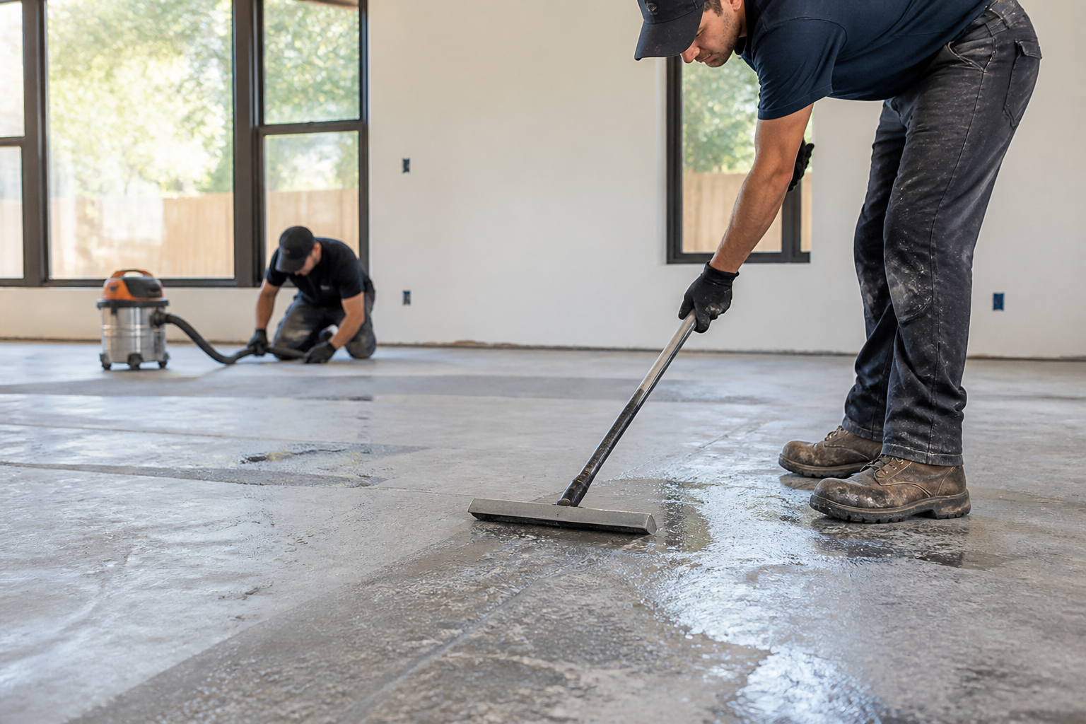 Jacksonville floor installation prep — Workers cleaning a floor space in preparation for installation