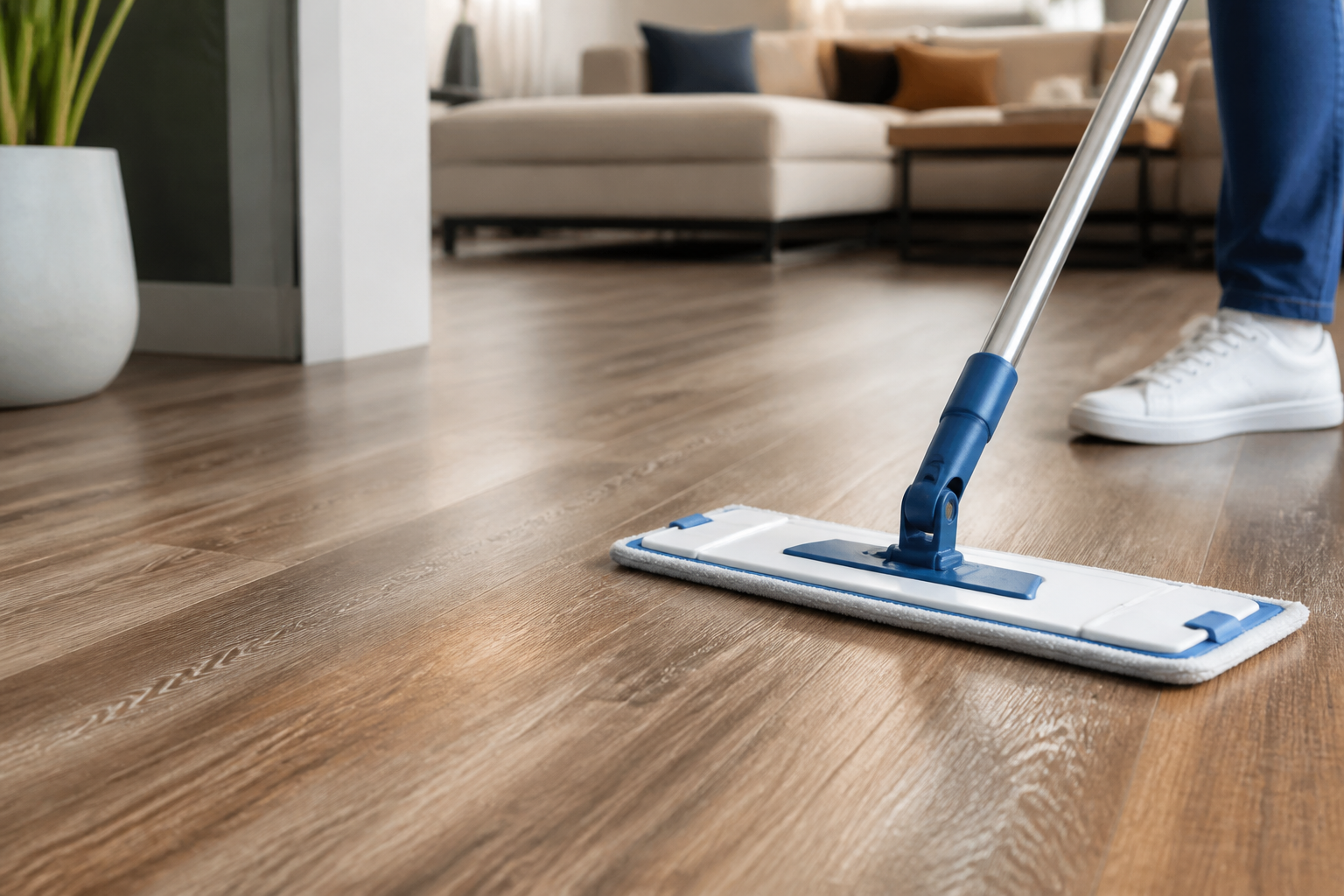 Floor maintenance tips Jacksonville—Person mopping a shiny hardwood floor in a sunlit living room with a view of a Jacksonville neighborhood