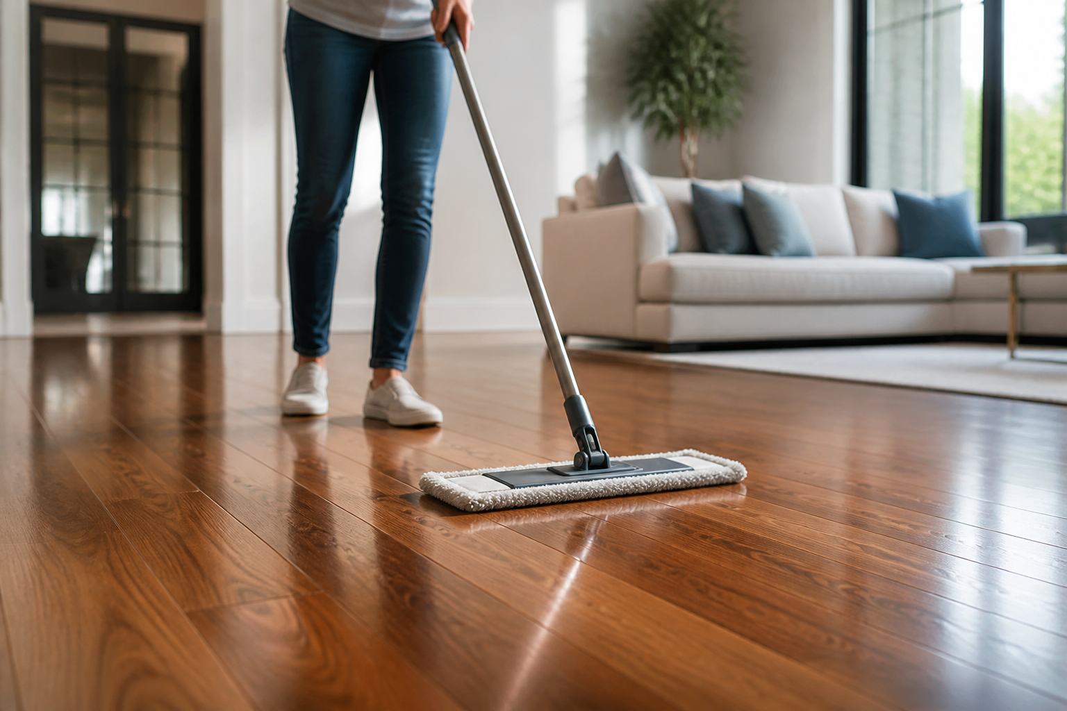 floor maintenance tips Jacksonville — a person mopping a hardwood floor showcasing its shine and cleanliness