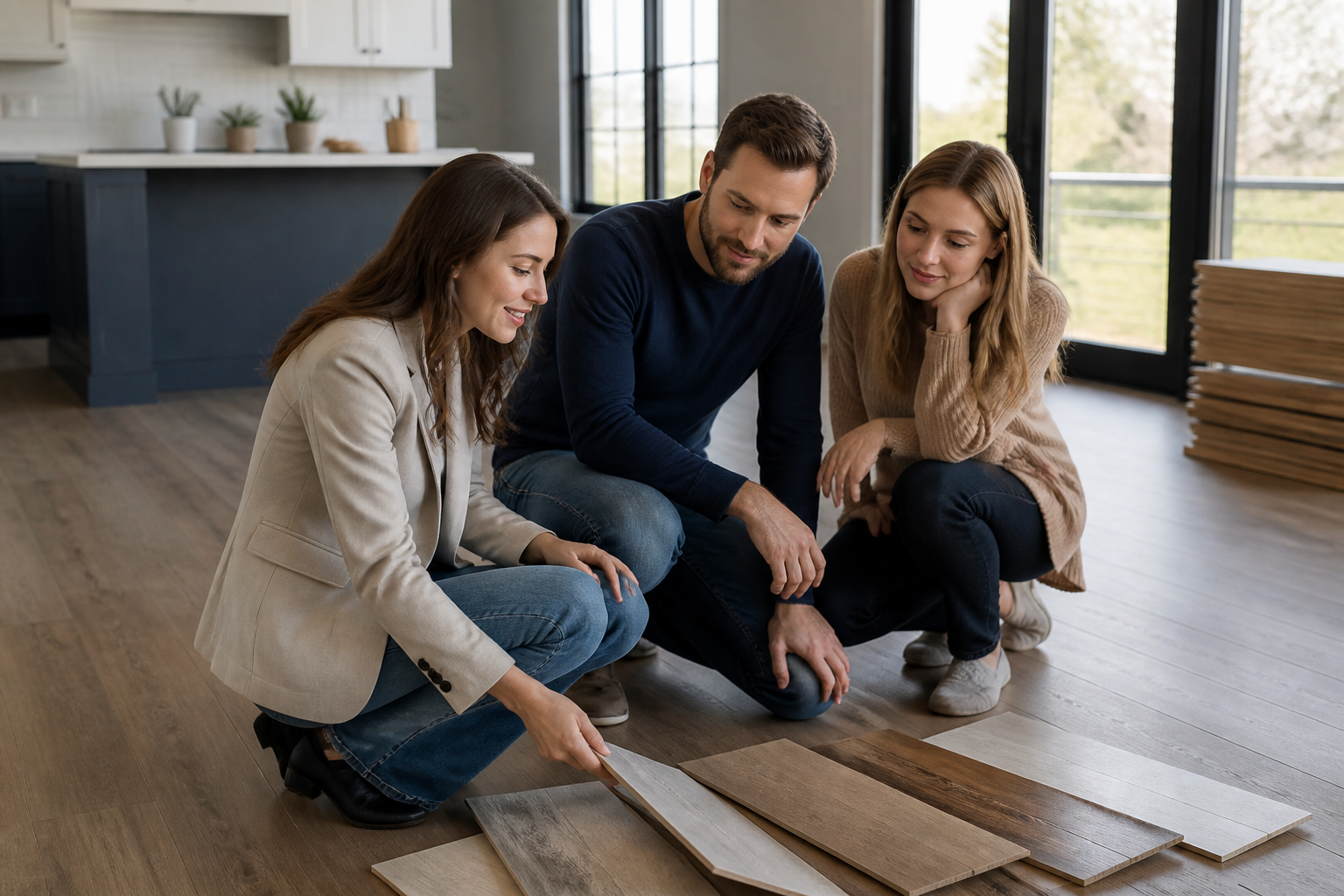Flooring warranty guide—Open warranty booklet on a wooden floor with a pen and glasses nearby
