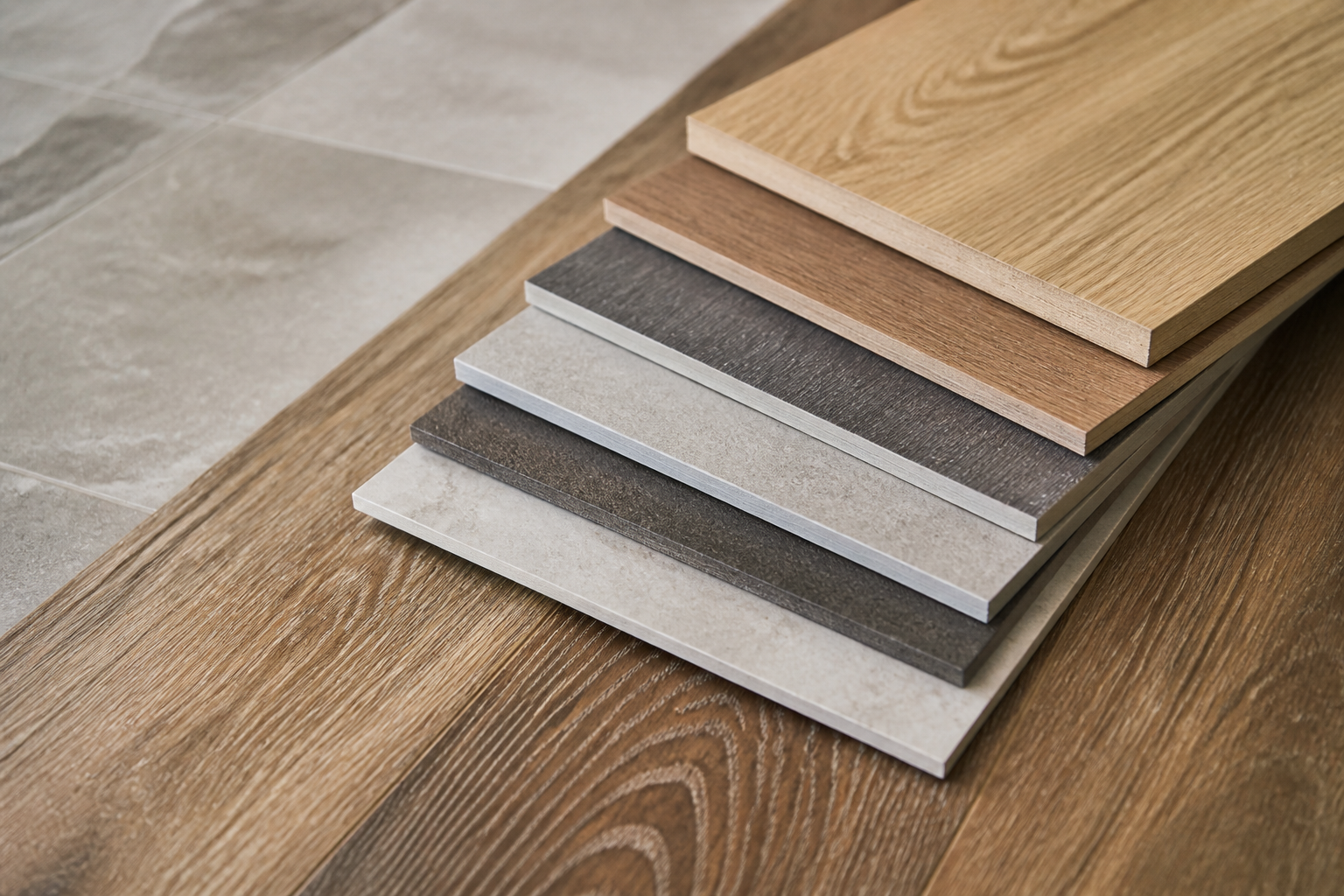 flooring warranty guide — a stack of flooring samples including hardwood, tile, and laminate options