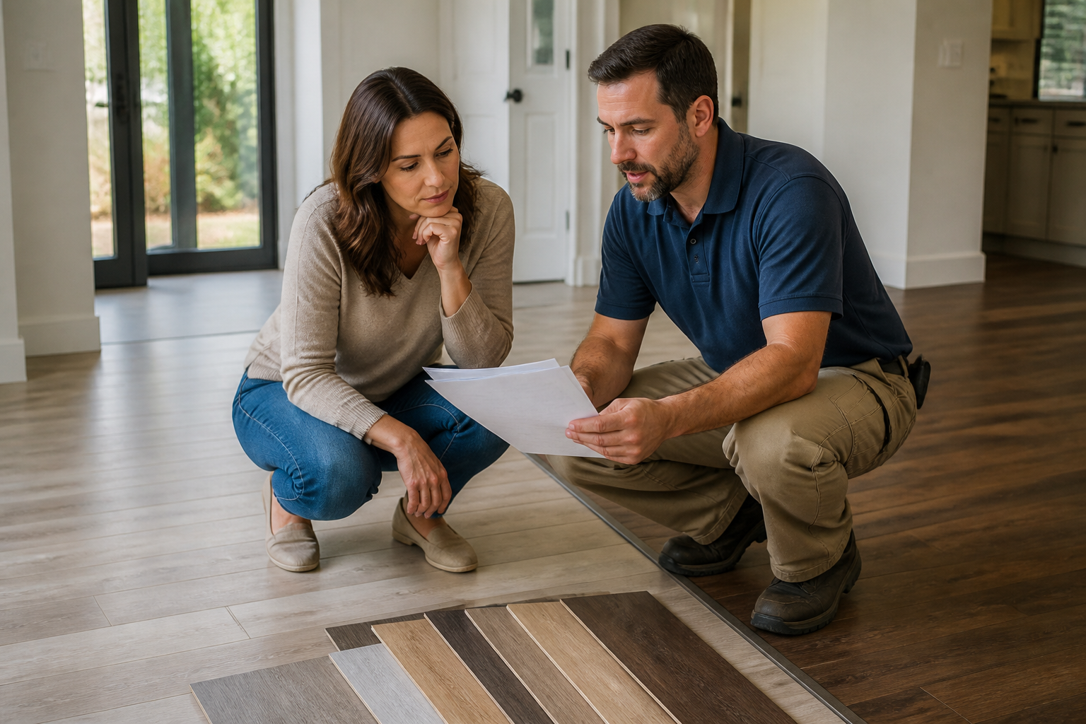 hardwood floor warranty — a homeowner discussing warranty details with a contractor