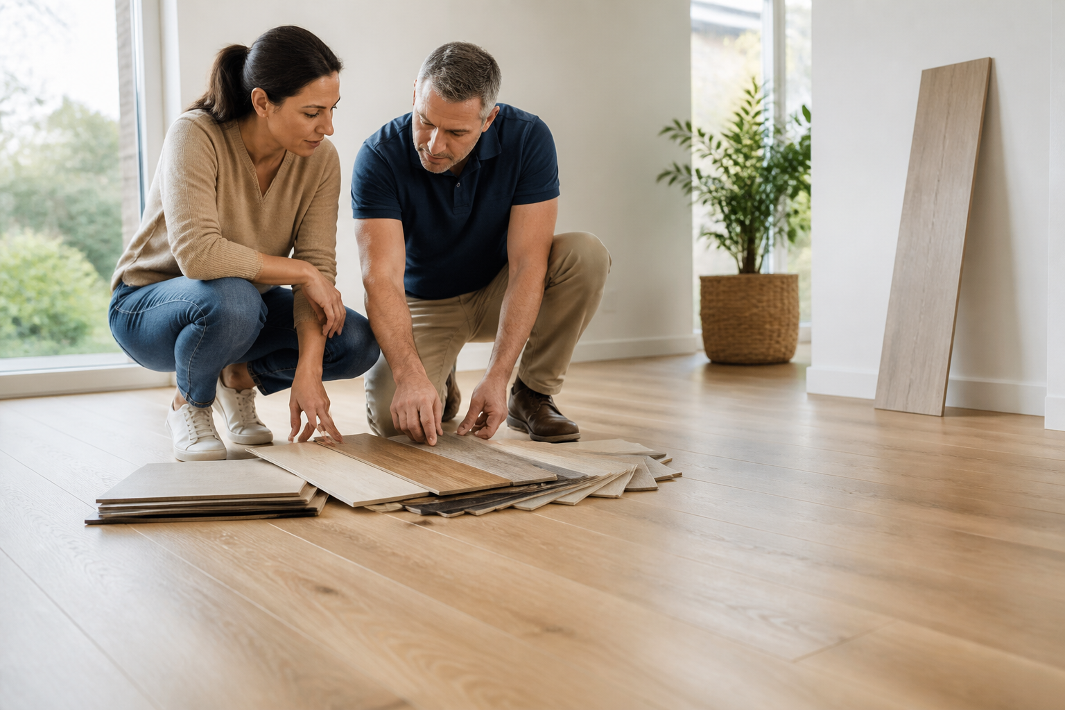 Transparent flooring pricing Jacksonville — Person reviewing flooring price estimate with transparent floor samples in the background