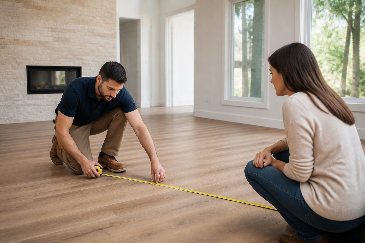 flooring cost breakdown Jacksonville — contractor measuring floor space with client observing